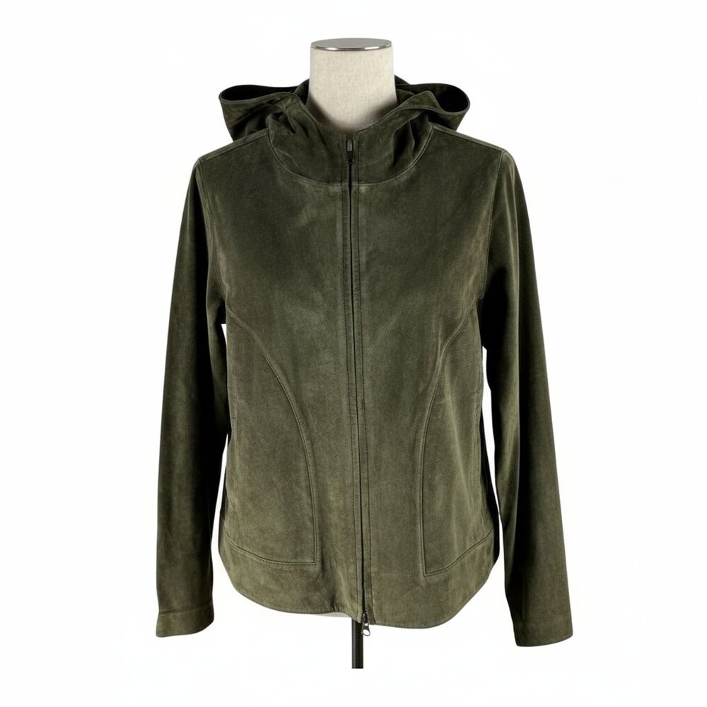 The Territory Ahead Olive Green Suede Leather Hooded Jacket | Size M